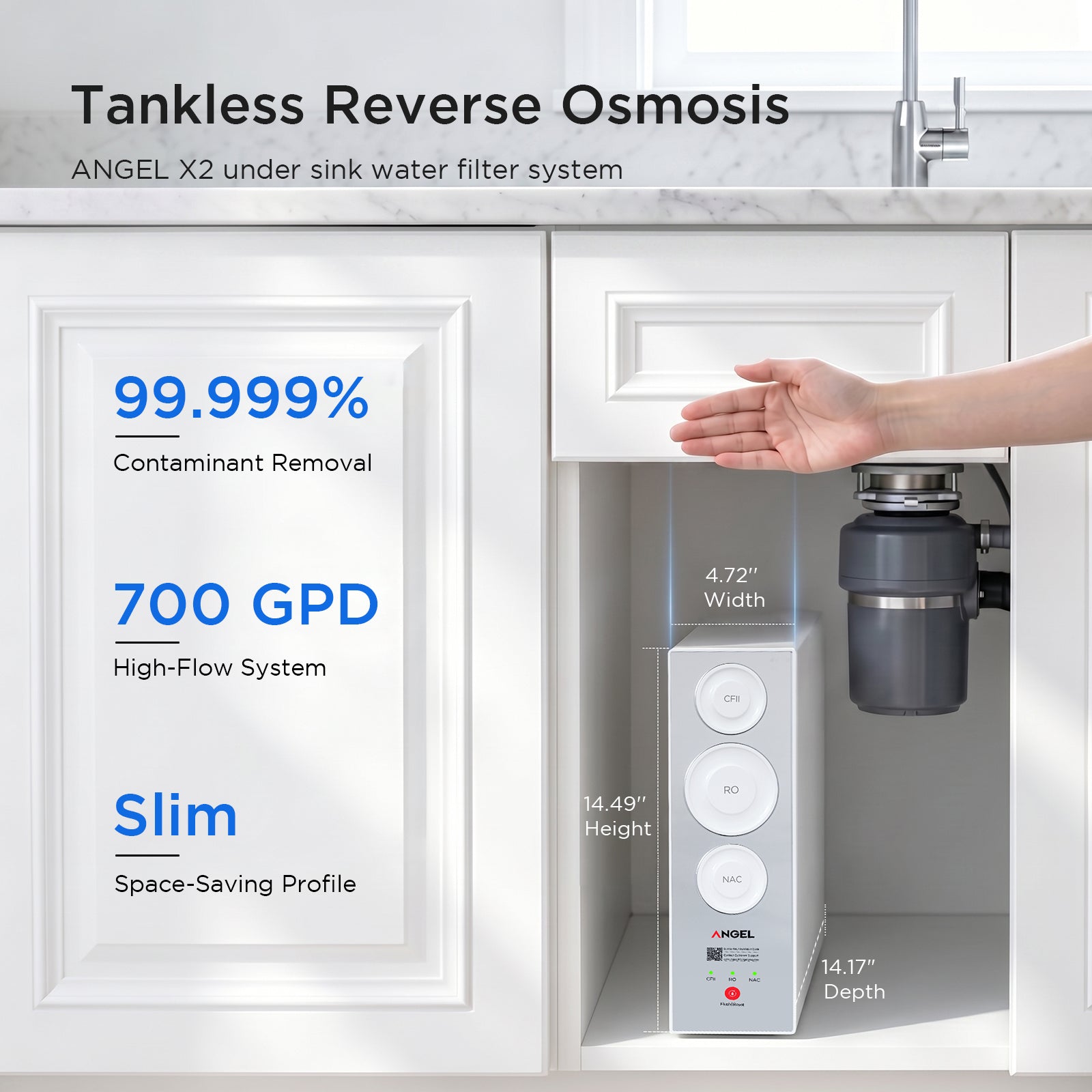 ANGEL X2 Tankless Reverse Osmosis Water Filter System, 700GPD, Removes 99% PFAS, Tested to NSF/ANSI 58, 42 & 372 Standards, 2.5:1 Pure to Drain, Reduce Chlorine, TDS, Under Sink RO System with Faucet