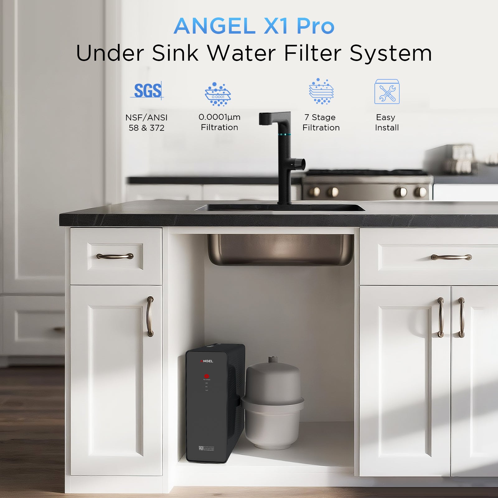 ANGEL X1 Pro Reverse Osmosis Water Filter, 7-Stage Under Sink RO System | 3-year RO filter life, 2:1 pure-to-drain, 7-stage filtration reduces PFAS/PFOS, TDS, chlorine, bad taste & odor, Lead-Free